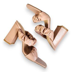 Ruched Strap Nude Block Heel Sandals – Square Toe Slip-On, Size 39 (US 8.5)